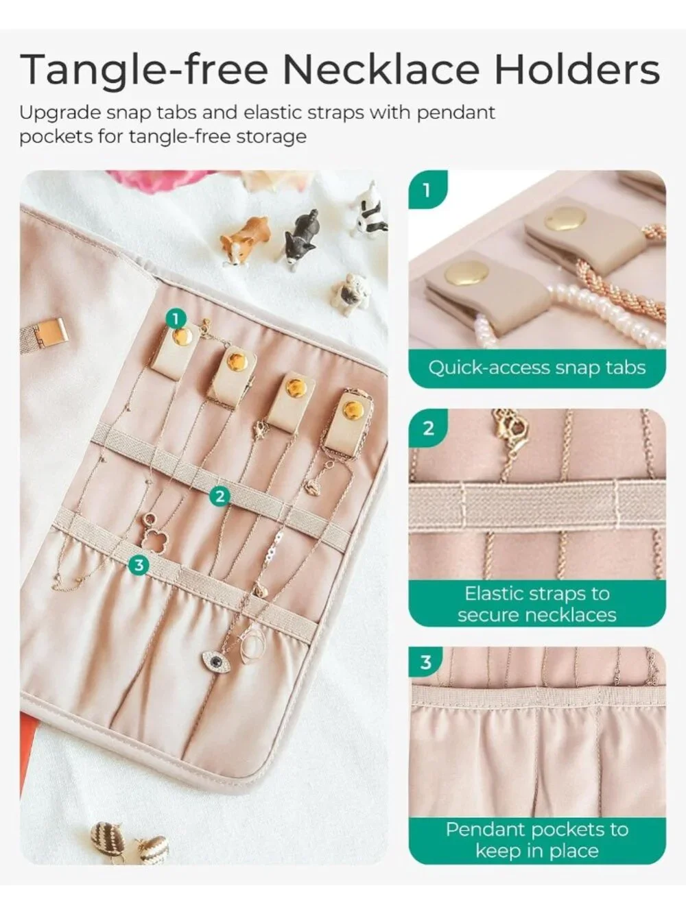 Travel Jewelry Organizer Roll - Foldable Case for Rings, Necklaces, Bracelets